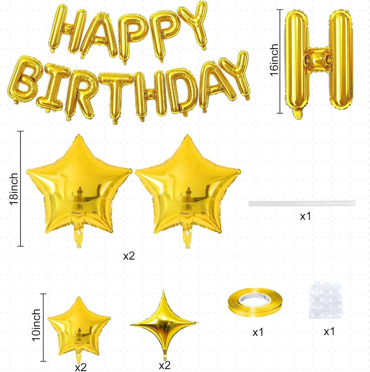 Gold Happy Birthday Balloon Banner, 16 Inch Mylar Foil Letter Balloons, Reusable Birthday