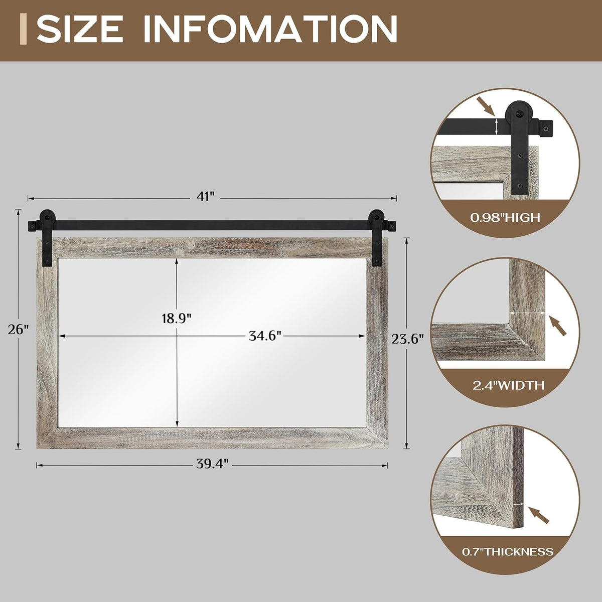 COGOOD Farmhouse Barn Door Mirror - 41" x 26" Rustic Wood Framed Wall Mirror for Bathroom, Living