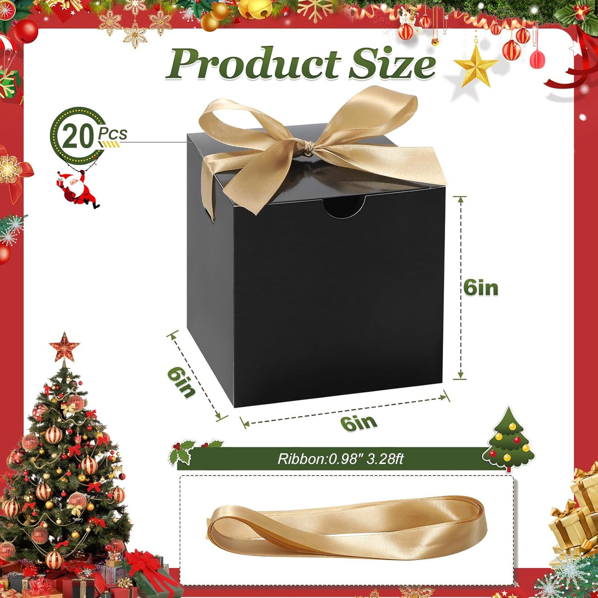DOYIDE 20 Pack Small Gift Boxes, 6x6x6 Inch Black Elegant Paper Boxes with Ribbons, Christmas Gift