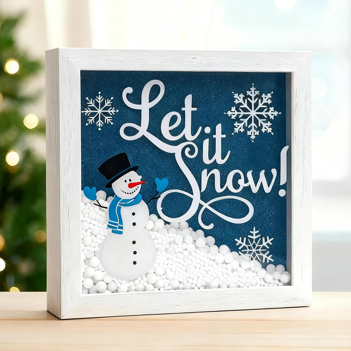 Christmas Wooden Tabletop Sign Blue Snowman with Snowflake Block Sign Xmas Table Centerpiece for