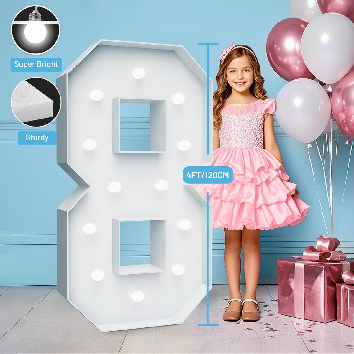 4FT Marquee Light Up Numbers - Cool White Light Up Numbers 8 with Fixed Water Bag, Party Decoration