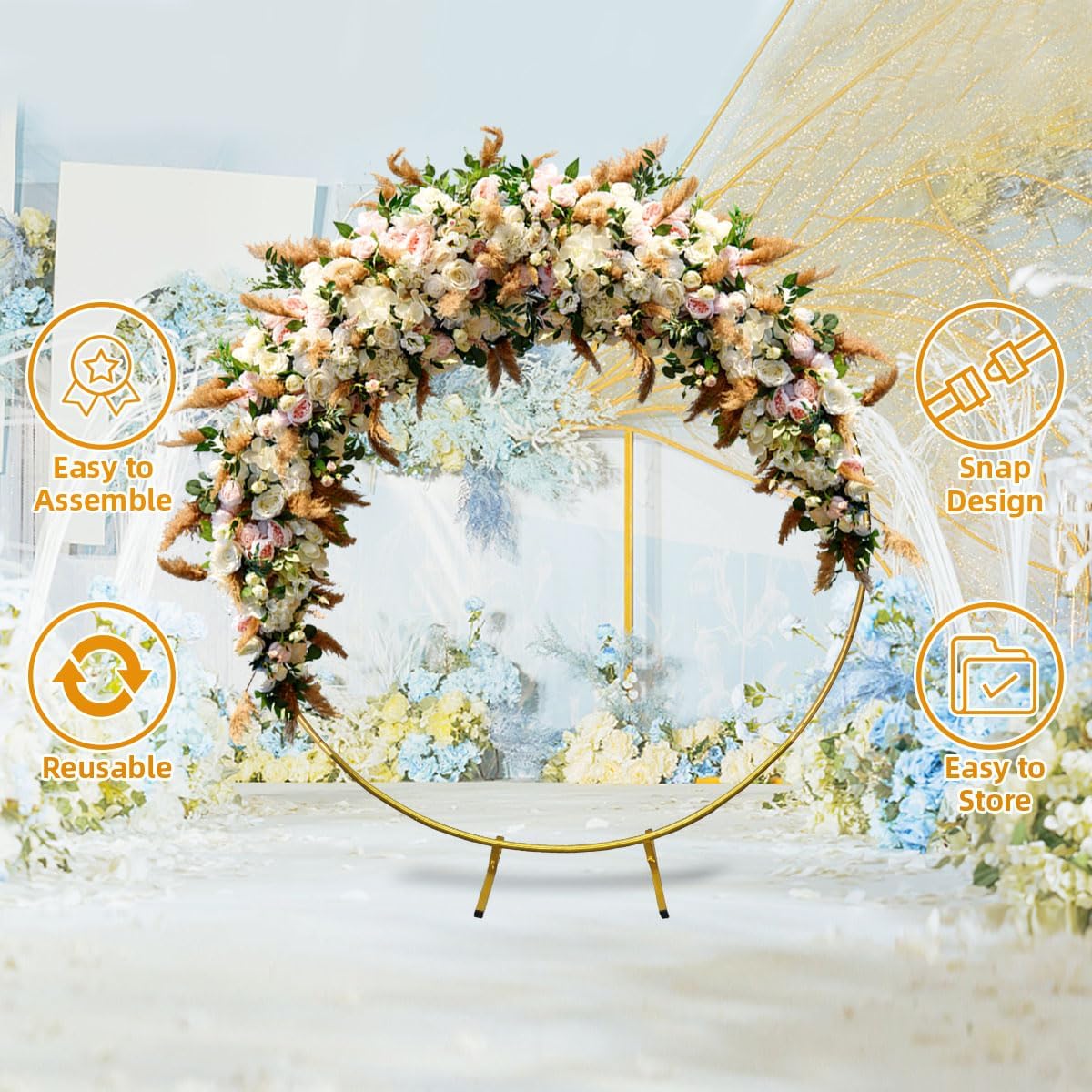 Round Backdrop Stand Circle Arch, 6.5ft Golden Metal Balloon Arch Kit for Party Decoration Wedding
