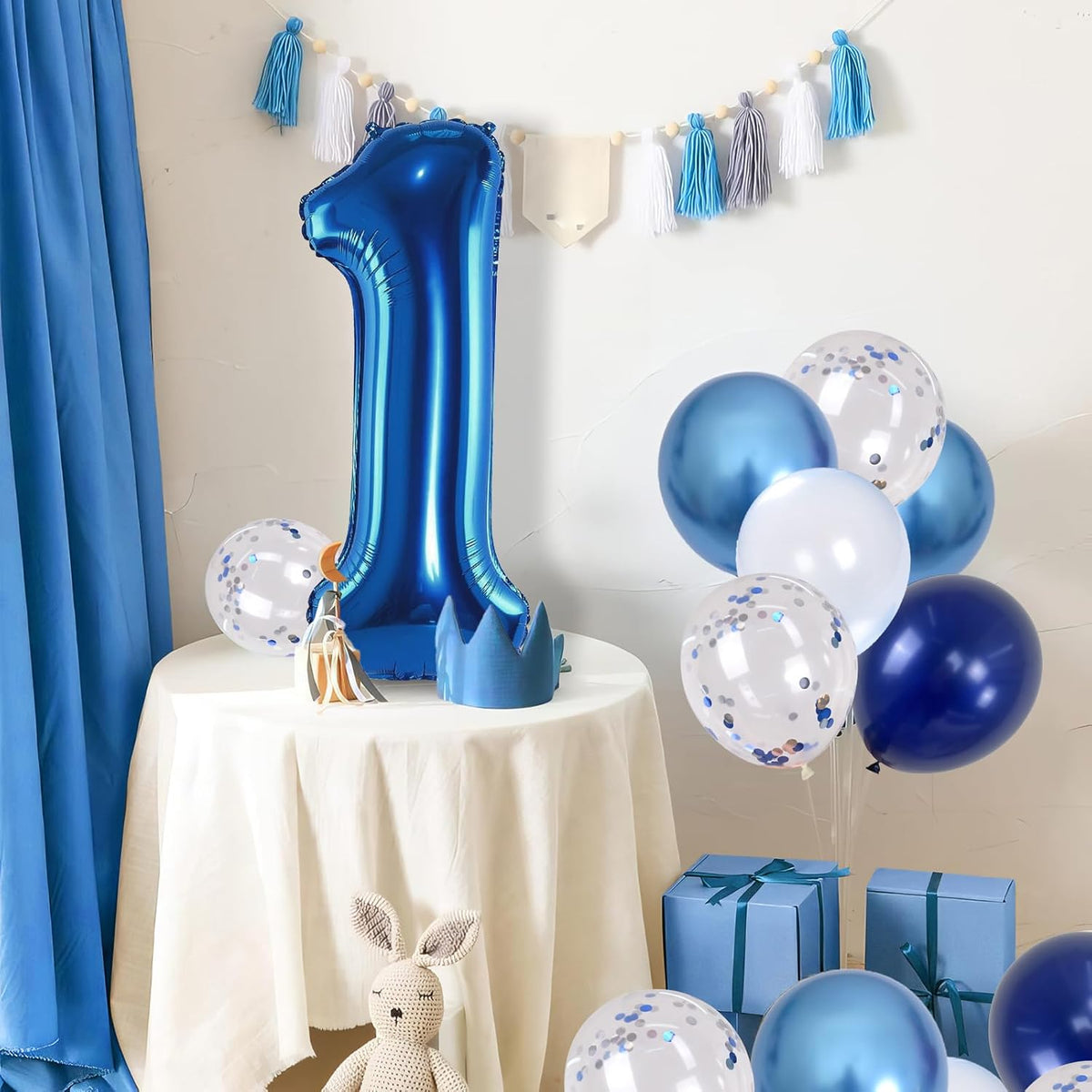 Dark Blue Number 1 Balloon 40 Inch, Large Balloon 1 with Metallic Light Navy Blue Silver Confetti