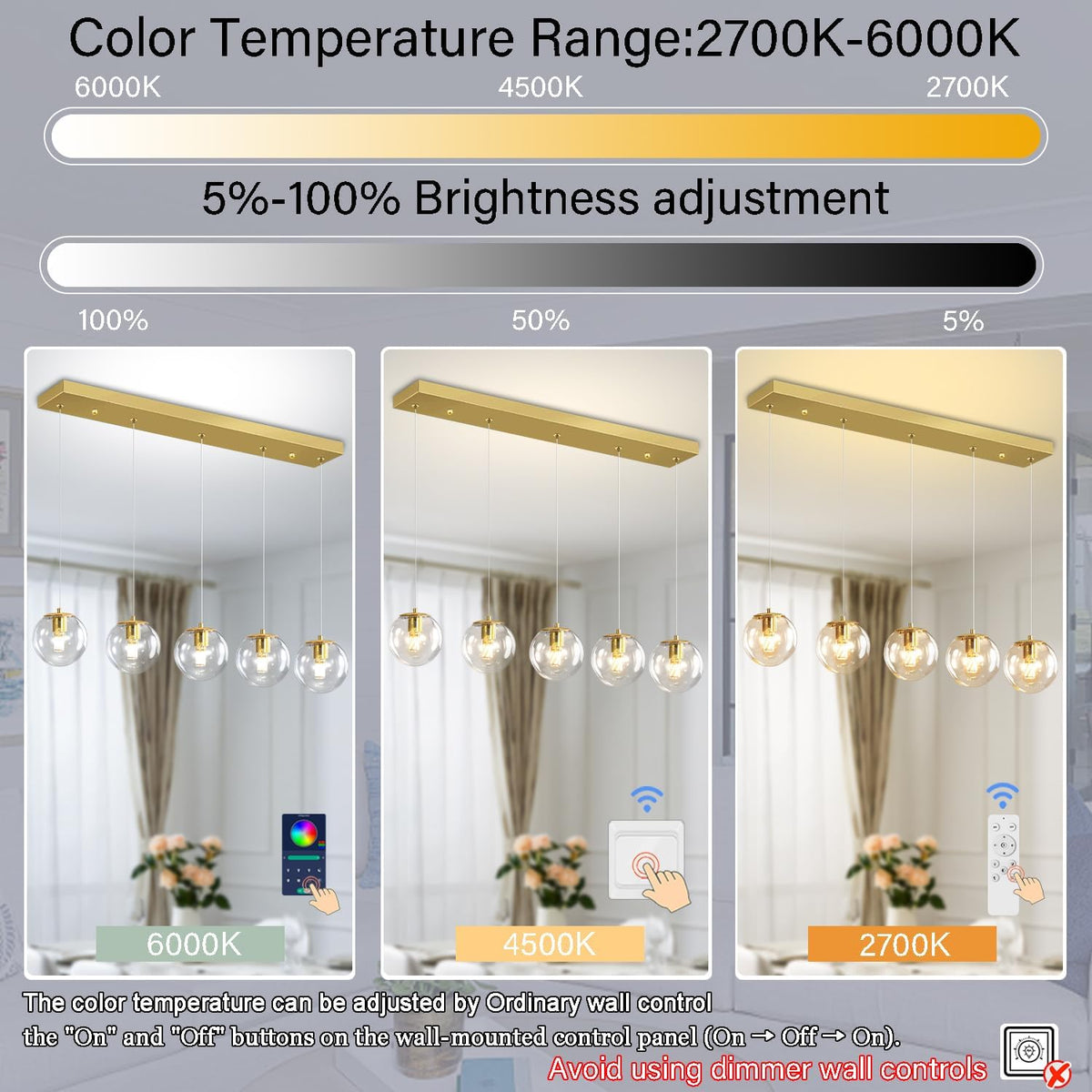5-Lights Modern Rectangle Chandelier Globe Pendant Light,Gold Linear Globe Chandeliers for Dining