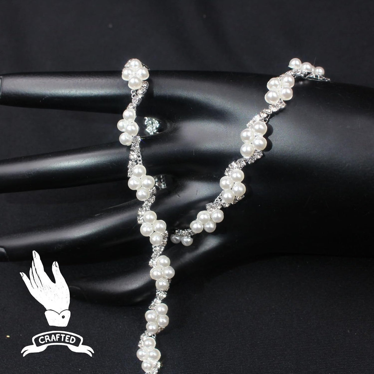 PEARLY JUN 1 Yard Pearl Rhinestone Trim Chain Silver Crystal Fringe Diamond Applique Ribbon String