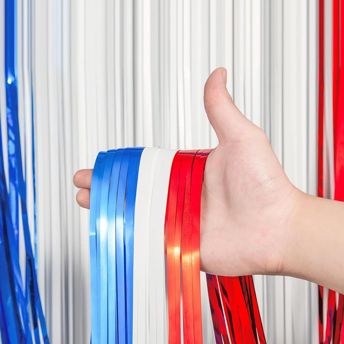 2 Pack Red White and Blue Foil Fringe Backdrop Curtains, Tinsel Streamers Party Decorations, Fringe
