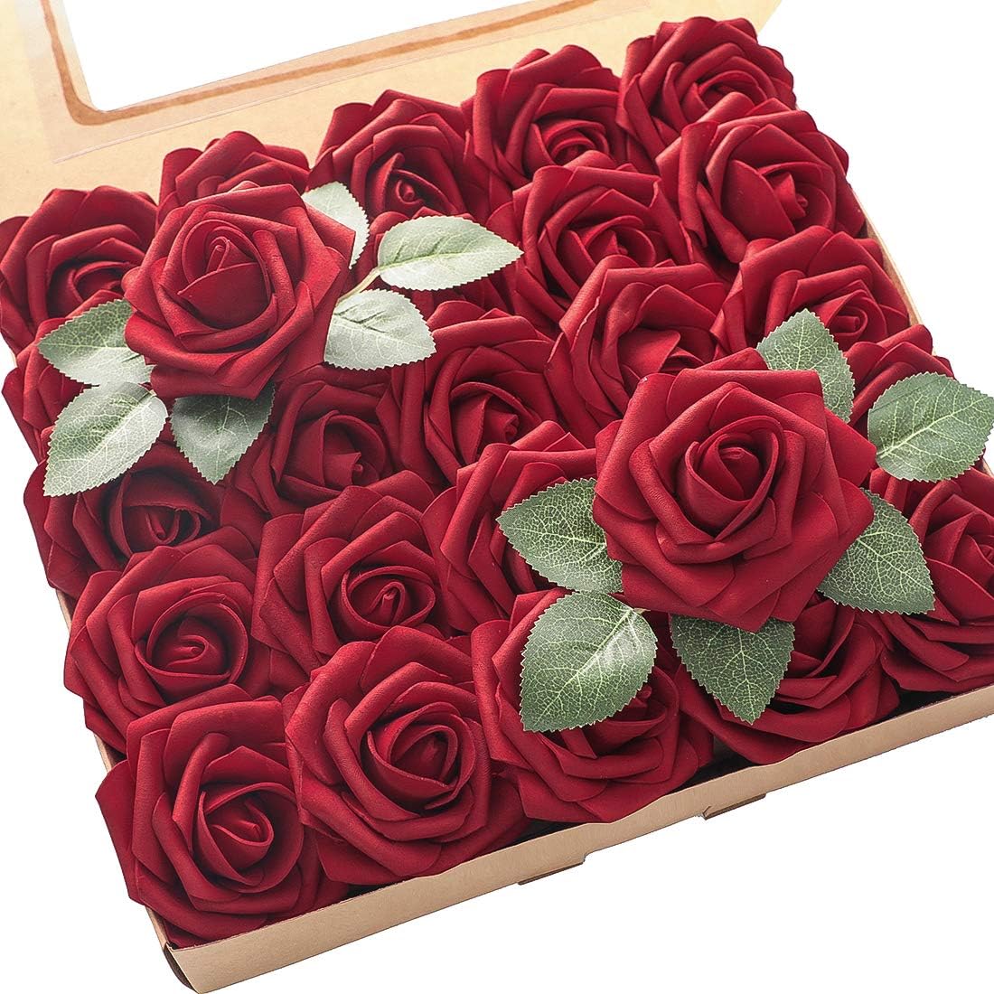 Floroom Artificial Flowers 50pcs Real Looking Dark Red Foam Fake Roses with Stems for DIY Wedding