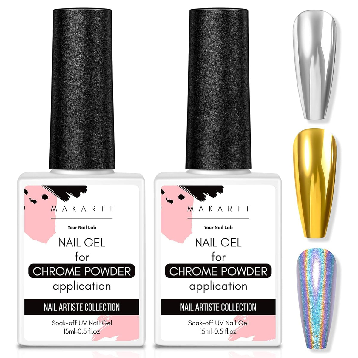 Makartt Gel Top Coat for Chrome Nail Powder - 2 Pcs 15ml Clear No Wipe High Gloss Top Coat Gel Nail