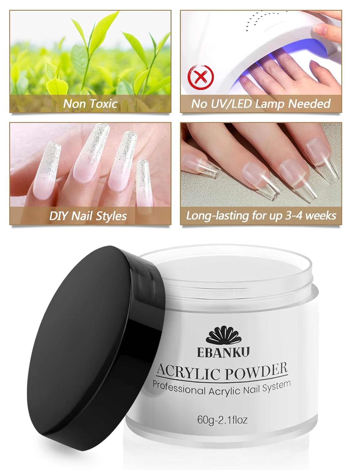 EBANKU 2 Colors Acrylic Nail Powder Set, White Clear Acrylic Powder Professional Nail Acrylic