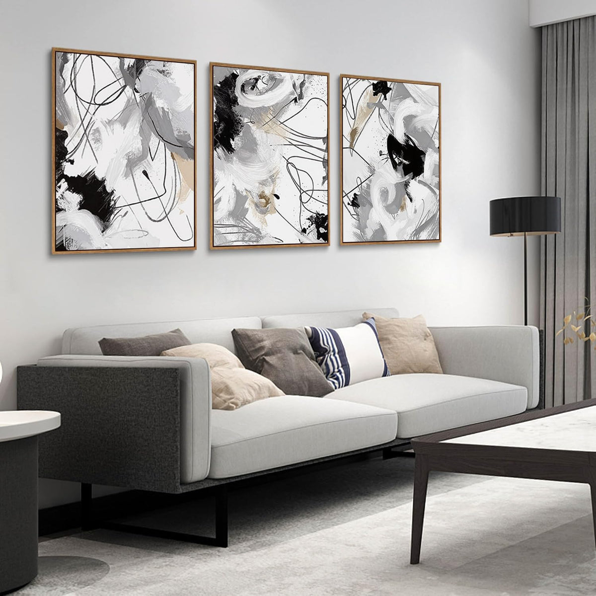 myusuar 3 Piece Large Modern Abstract Canvas Framed Wall Art For Living Room, Black And White Lines