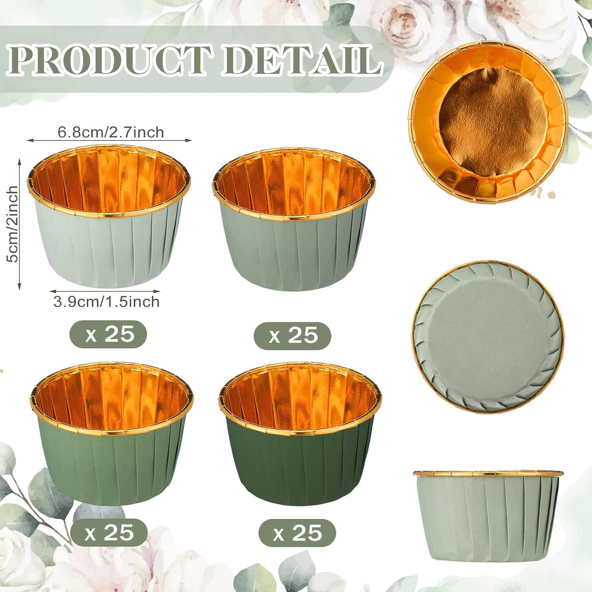 Geiserailie 100 Pcs Sage Green Cupcake Liners Gradient Green Cupcake Foil Wrappers Snack Bowls for