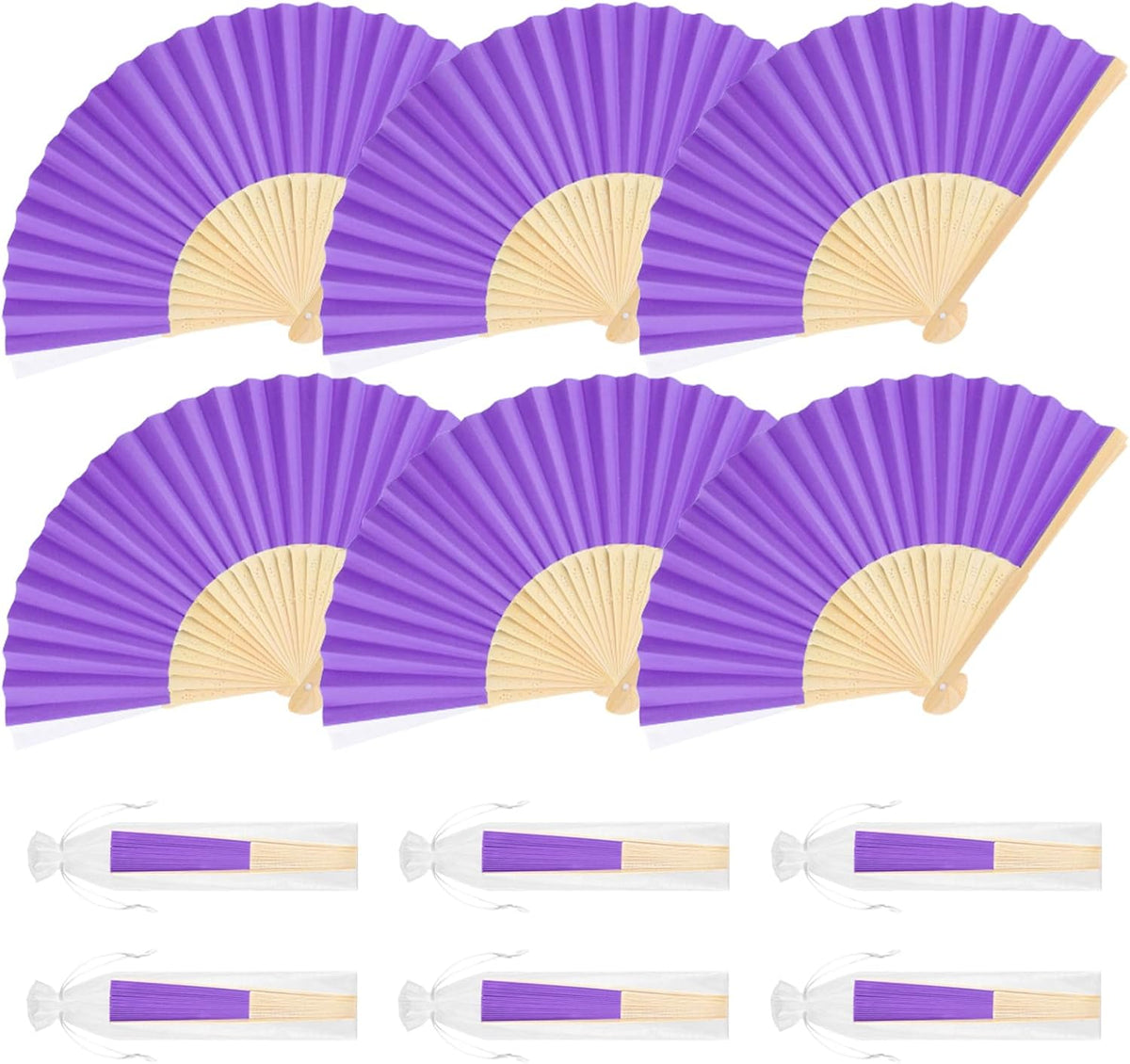 6 Pieces Purple Hand Held Bamboo Folding Fans Foldable Paper Fans Handheld for Women Girls Wedding