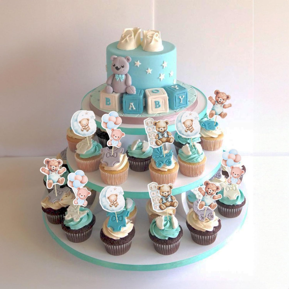 Gyufise 32Pcs Baby Shower Bear Cupcake Toppers Moon Baby Bear Baby Shower Cake Topper Decorations