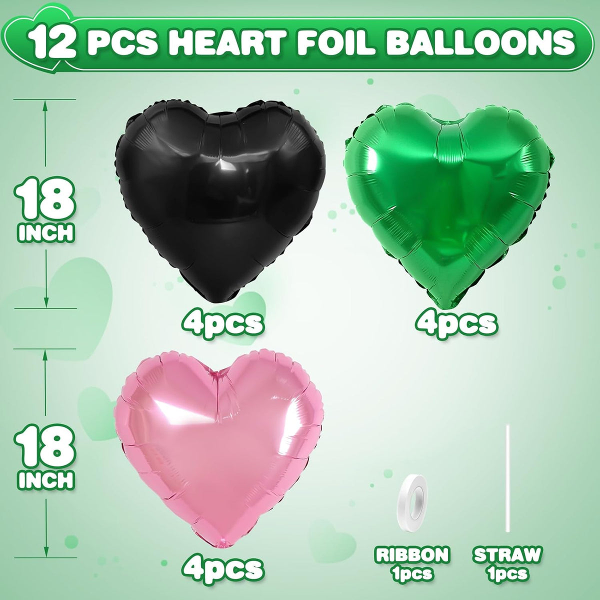 Black Green Pink Heart Balloons,12Pcs 18Inch Pink Green Heart Shaped Foil Helium Balloons for Baby