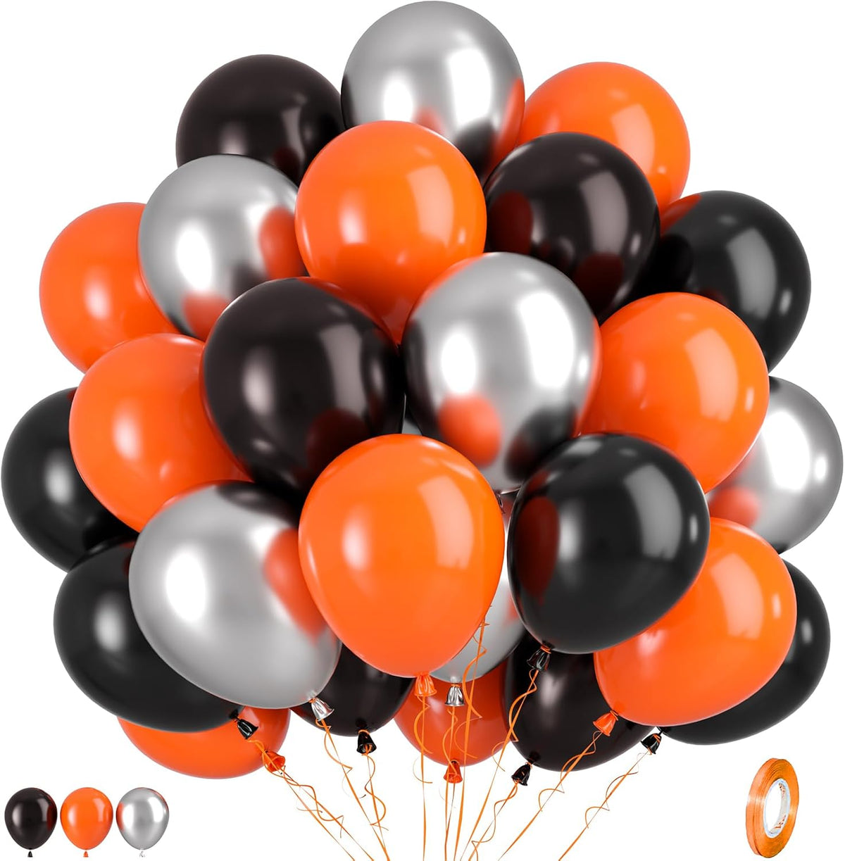 Black Orange Silver Balloons, 50pcs Black Orange Balloons, Metallic Silver Matte Orange Black