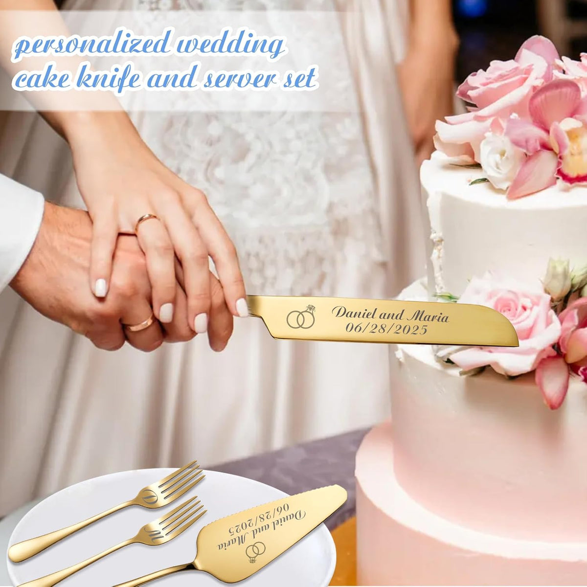 Personalized Wedding Cake Knife and Server Set, Custom Names Cake Cutting Set with Stainless Steel