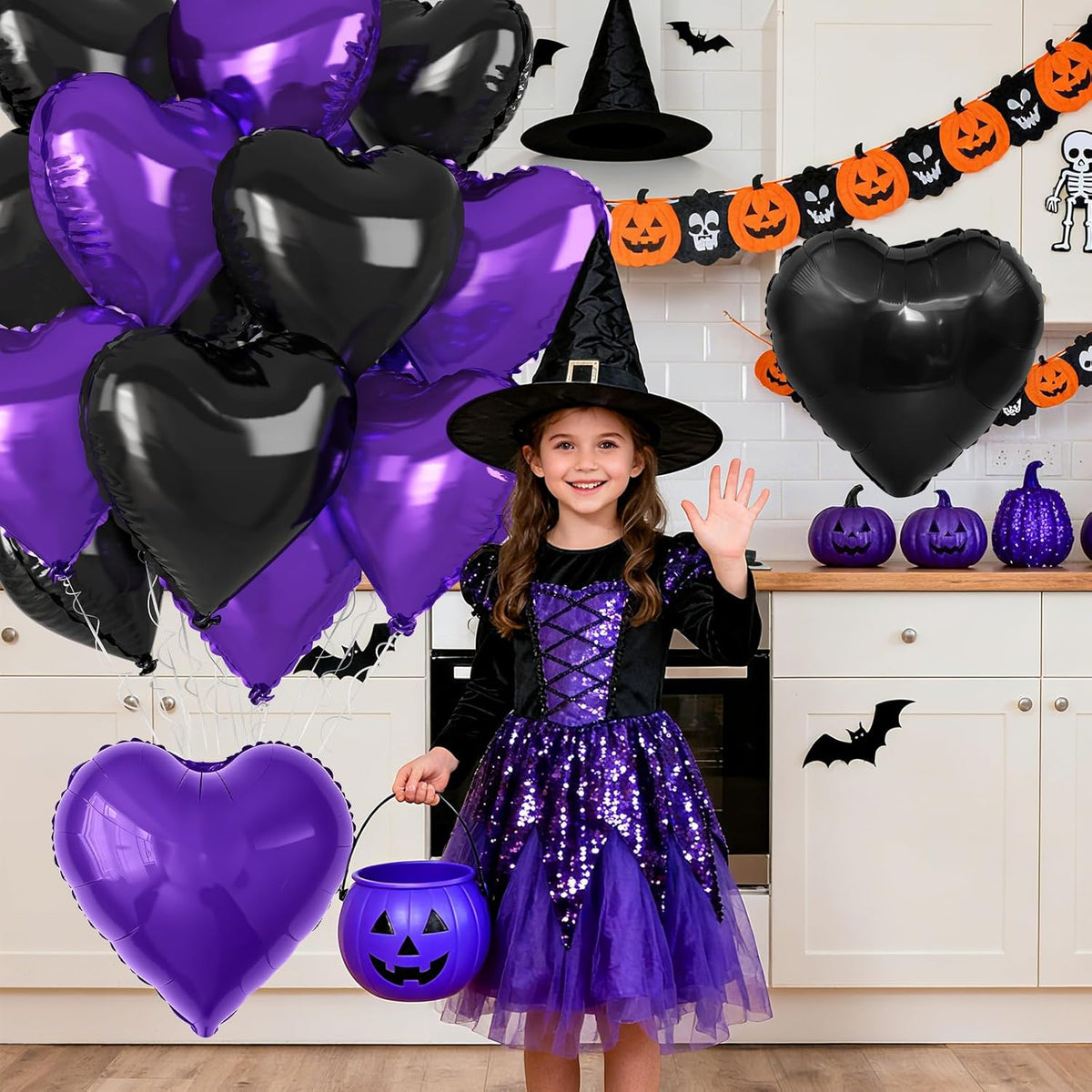 Purple Black Heart Balloons, 18 Inch Purple and Black Heart Foil Shape Balloon, 12PCS Large Love