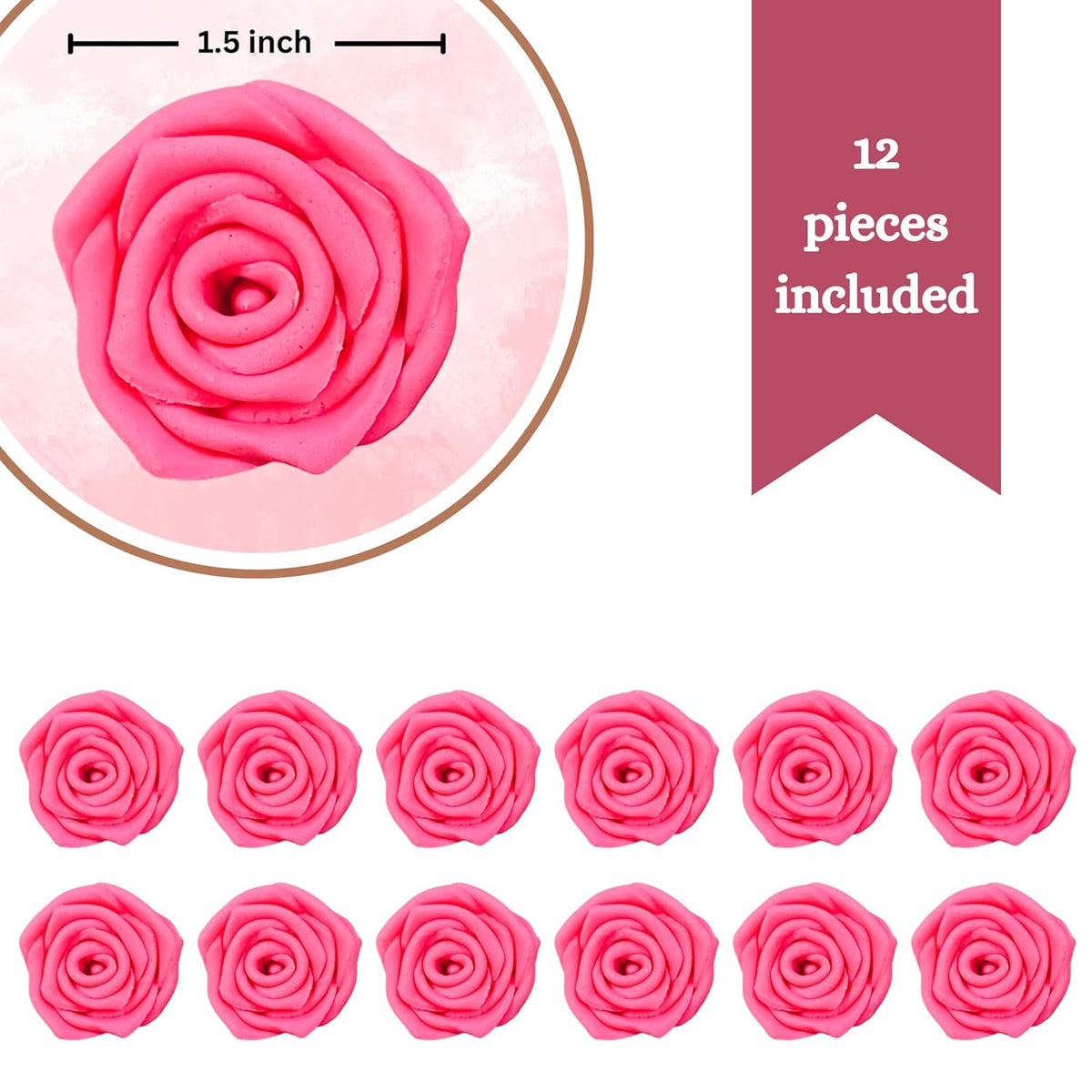 Confect Hot Pink Edible Roses – 12 Pack for Cake & Cupcake Decorating – Vegan, Gluten-Free Floral