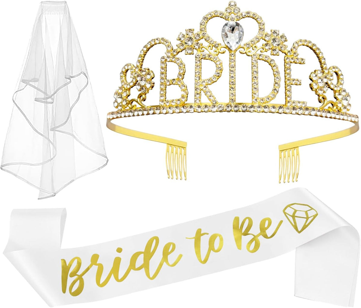 JETKONG 3 Pcs Bachelorette Party Decorations "BRIDE" Crown, Bride to Be Sash&Veil for Women
