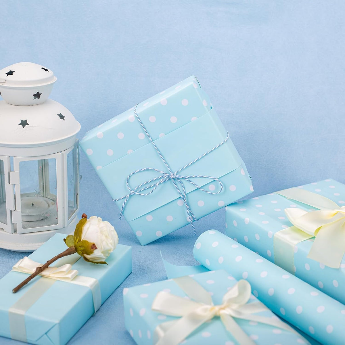 Flyhill Blue Wrapping Paper,Reversible Gift Wrap Paper with Polka Dot Design for