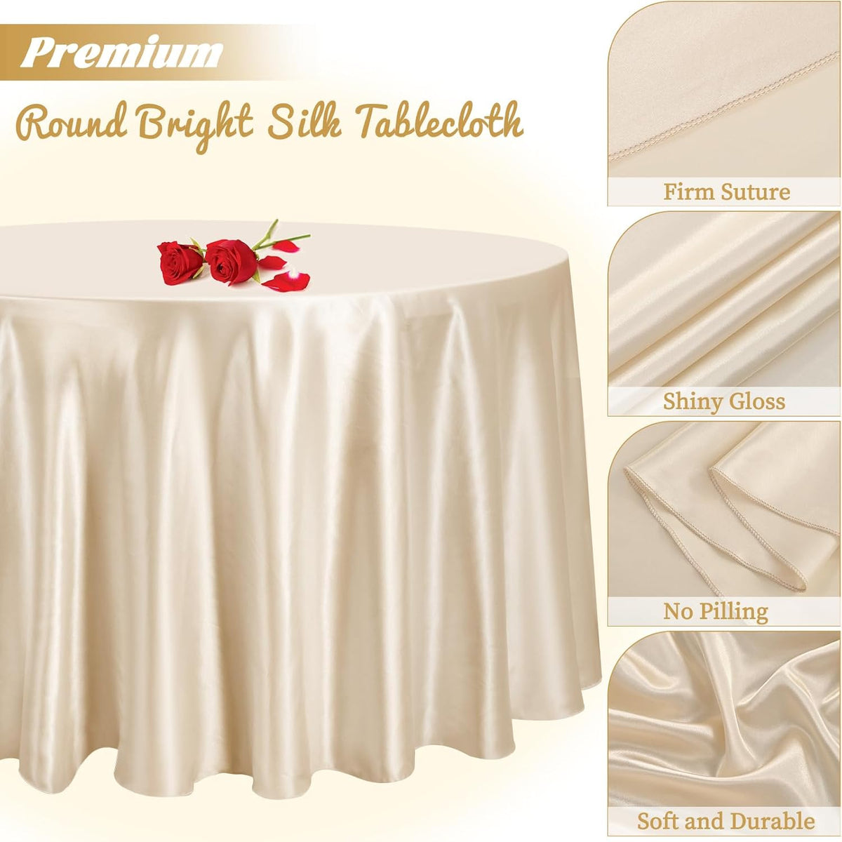 12 Pack 120 Inch Champagne Satin Tablecloth - Premium Bright Silky Round Tablecloth Overlay Smooth