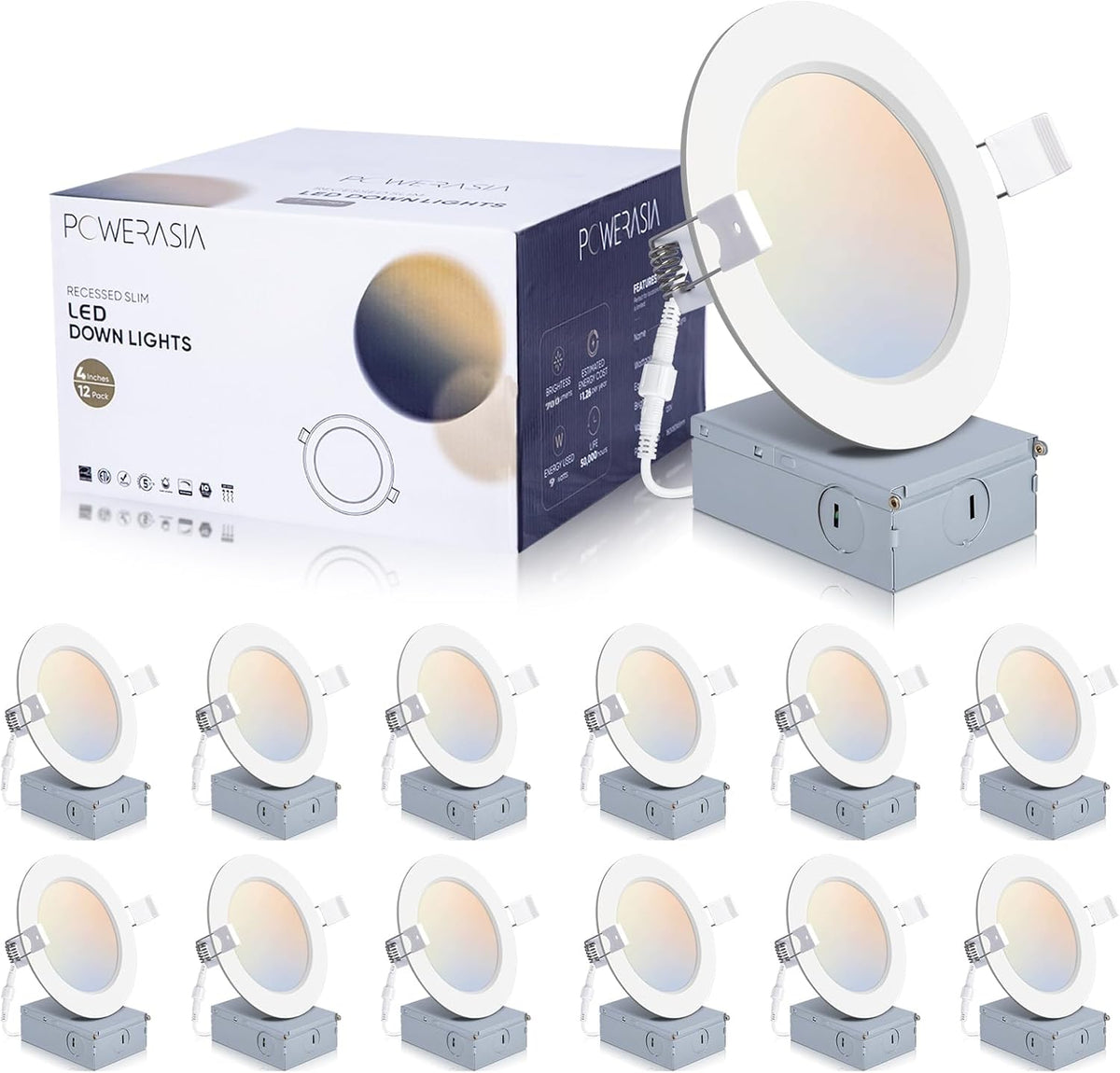 12 Pack 4 Inch Ultra-Thin LED Recessed Ceiling Light with Junction Box, 5CCT Dimmable