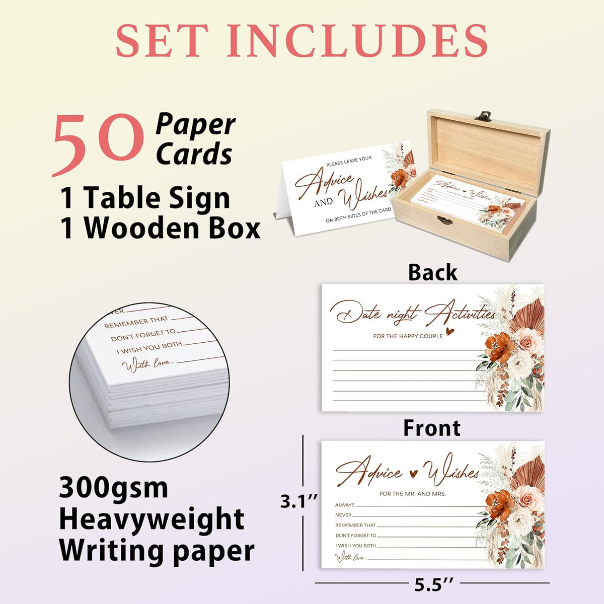Boho Advice and Wishes for the Mr and Mrs - 50 Packs Wedding Advice Cards Bridal Shower Game Cards
