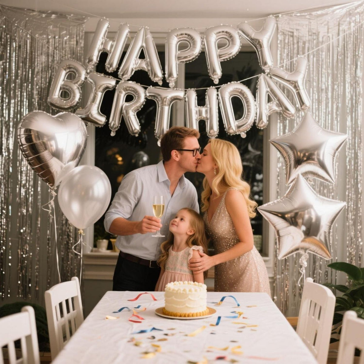 29 Pcs Silver Birthday Party Decorations - Happy Birthday Balloons Banner Silver, Heart & Star Foil