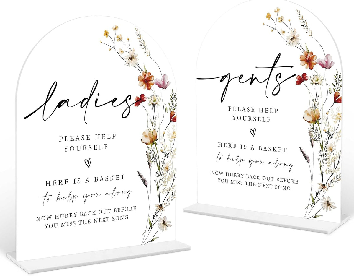 2 Pcs Boho Floral Wedding Bathroom Ladies & Gents Signs, 6 x 8 Inch White Arch Acrylic Wedding Sign