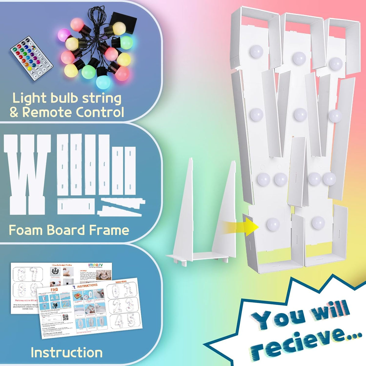 imprsv 4FT Colorful Marquee Light Up Letters W, 18 Colors Light Up Sign Alphabet Sign with Remote