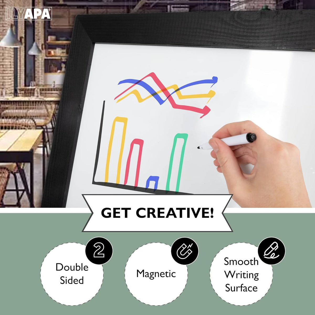 Ilyapa Wooden A-Frame Whiteboard Sign - 40 x 20 inch Magnetic Dry Erase Sidewalk Menu Board - Black