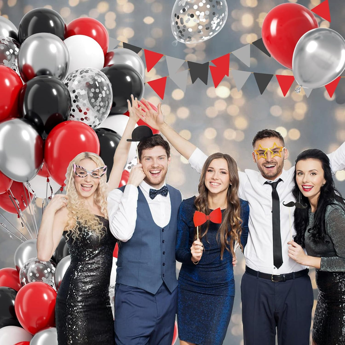 Red and Black Balloons, 60pcs 12inch Red Black White Silver Confetti Balloons for Graduation