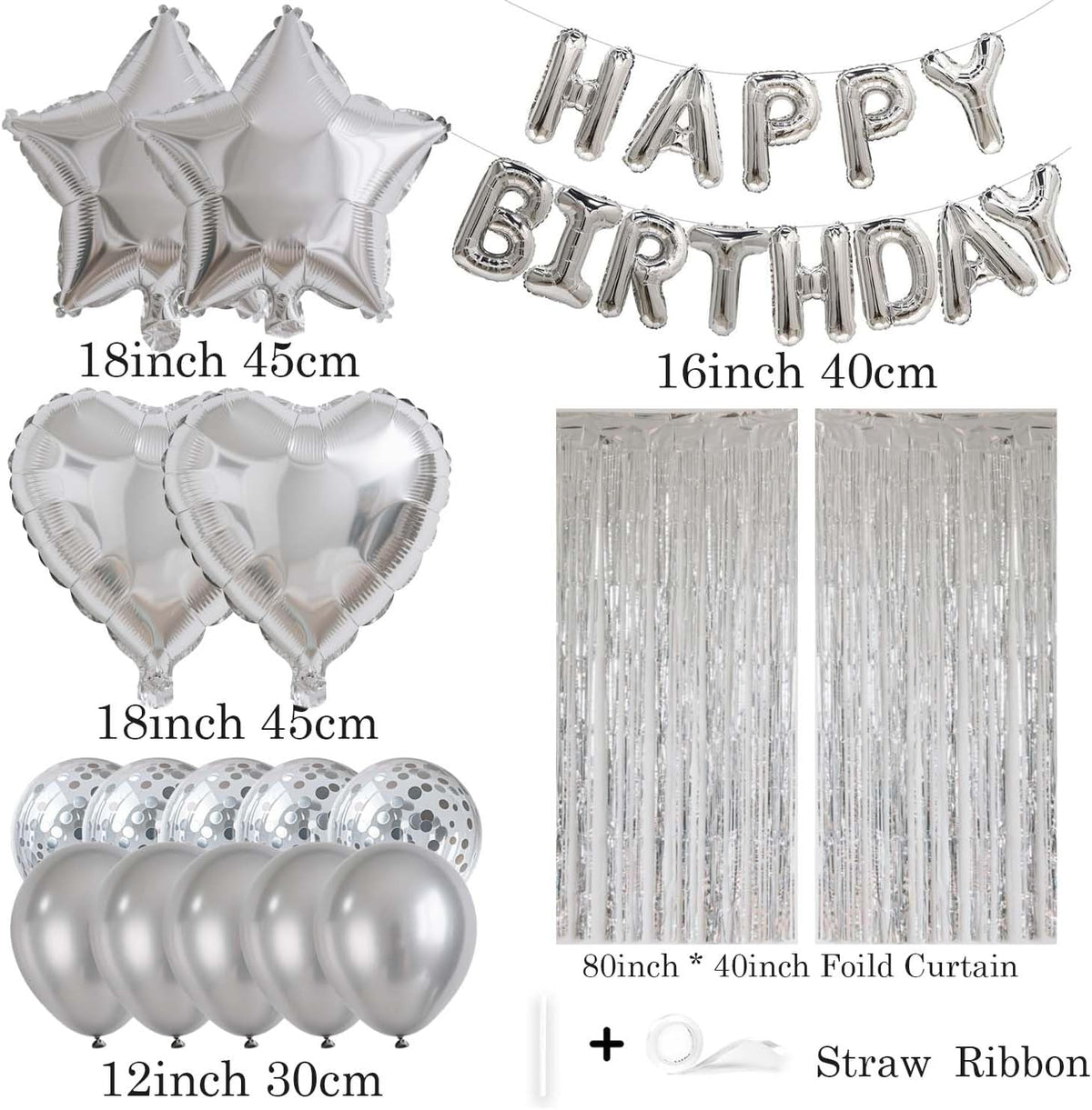 29 Pcs Silver Birthday Party Decorations - Happy Birthday Balloons Banner Silver, Heart & Star Foil