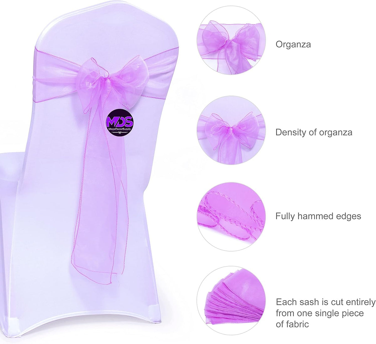MDS Pack of 125 PCS Organza Chair Sashes Wider Dining Chair Bows Ribbon Tie Back for Wedding Party