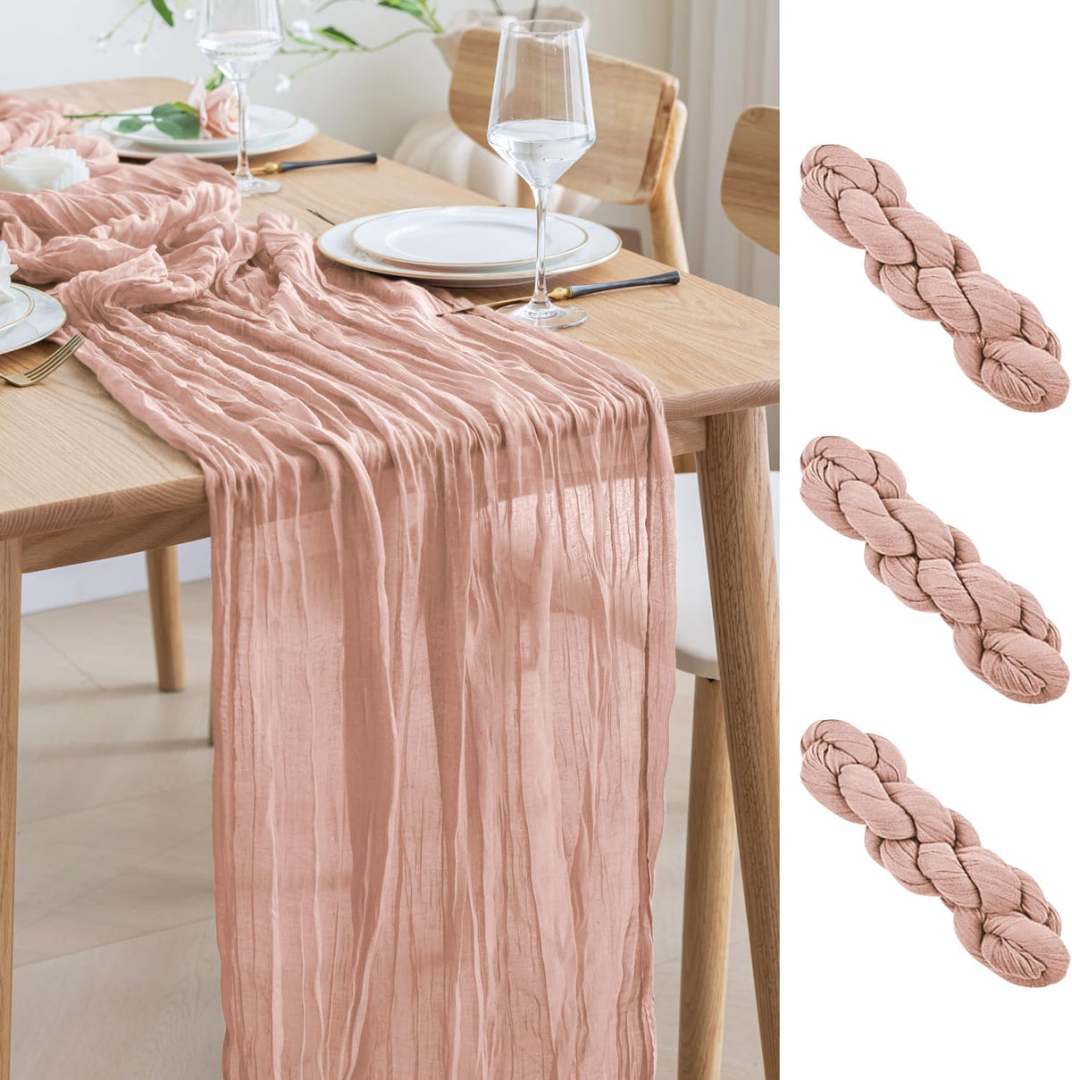 Asee'm 3pcs Cheesecloth Table Runner 120 Inches Dusty Pink Boho Gauze Cheese Cloth Runner 10FT