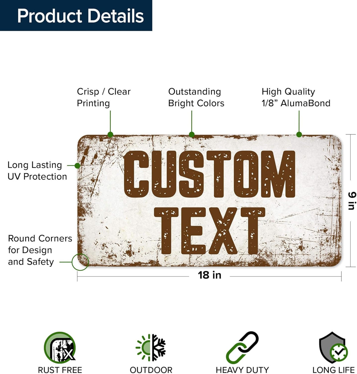 Custom Sign, Custom Street Sign, 11 Font Colors, 13 Font Styles, 4 Hole Options, 22 Sizes, 9x18