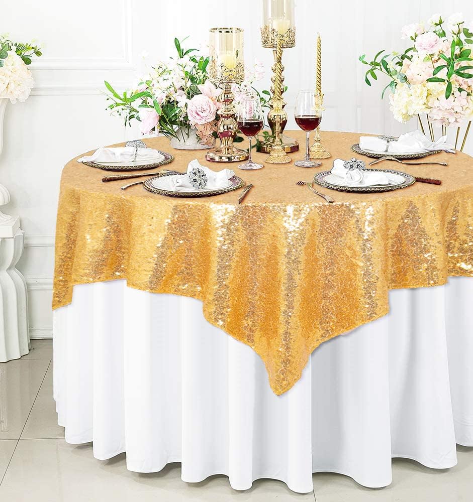 ShinyBeauty Gold Table Cloths for Party 2 Packs, 72X72 Inch Sequin Tablecloths Square Glitter Table
