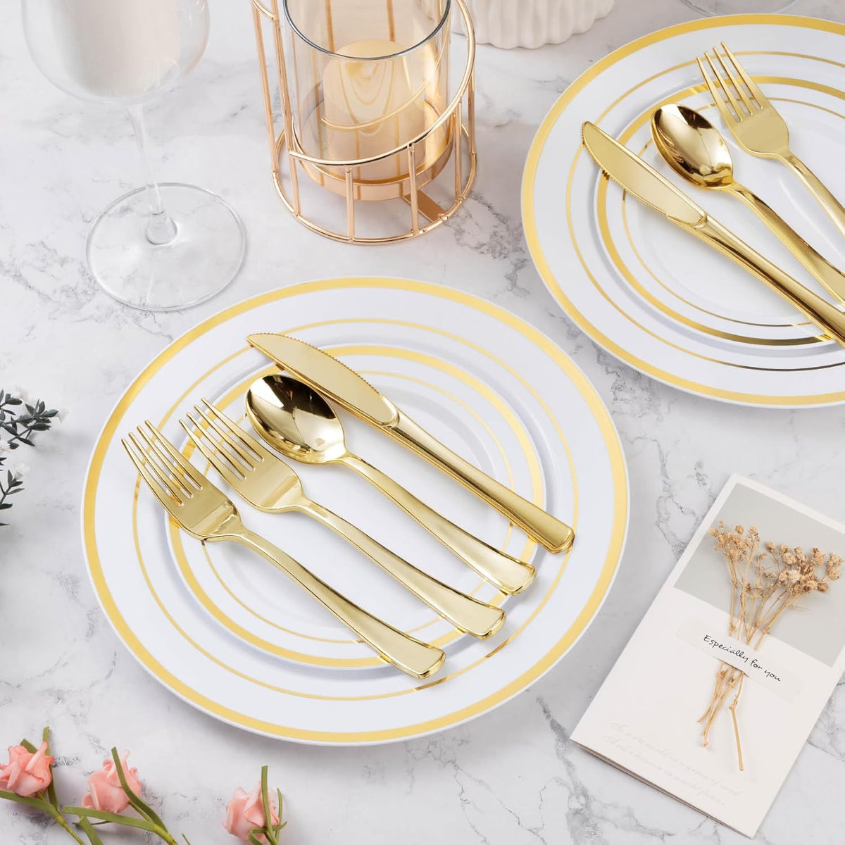 600PCS Gold Plastic Plate Set (100 Guests), Plastic Plates for Party Wedding Birthday, Disposable