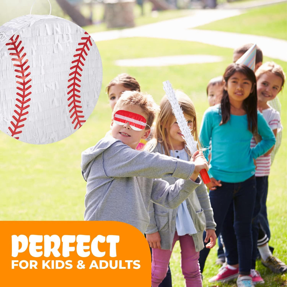 Baseball Pinata Bundle with a Blindfold and Bat (13"x13"x4"), Baseball Pinata for Boys, Perfect for