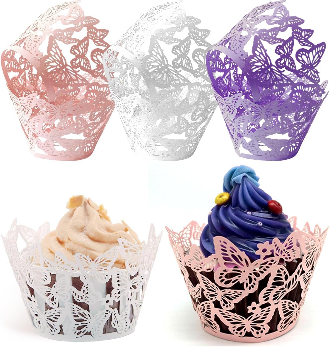 Cupcake Liners, Cupcake Wrappers Artistic Bake Cake Toppers Little Butterfly Flowers Paper White