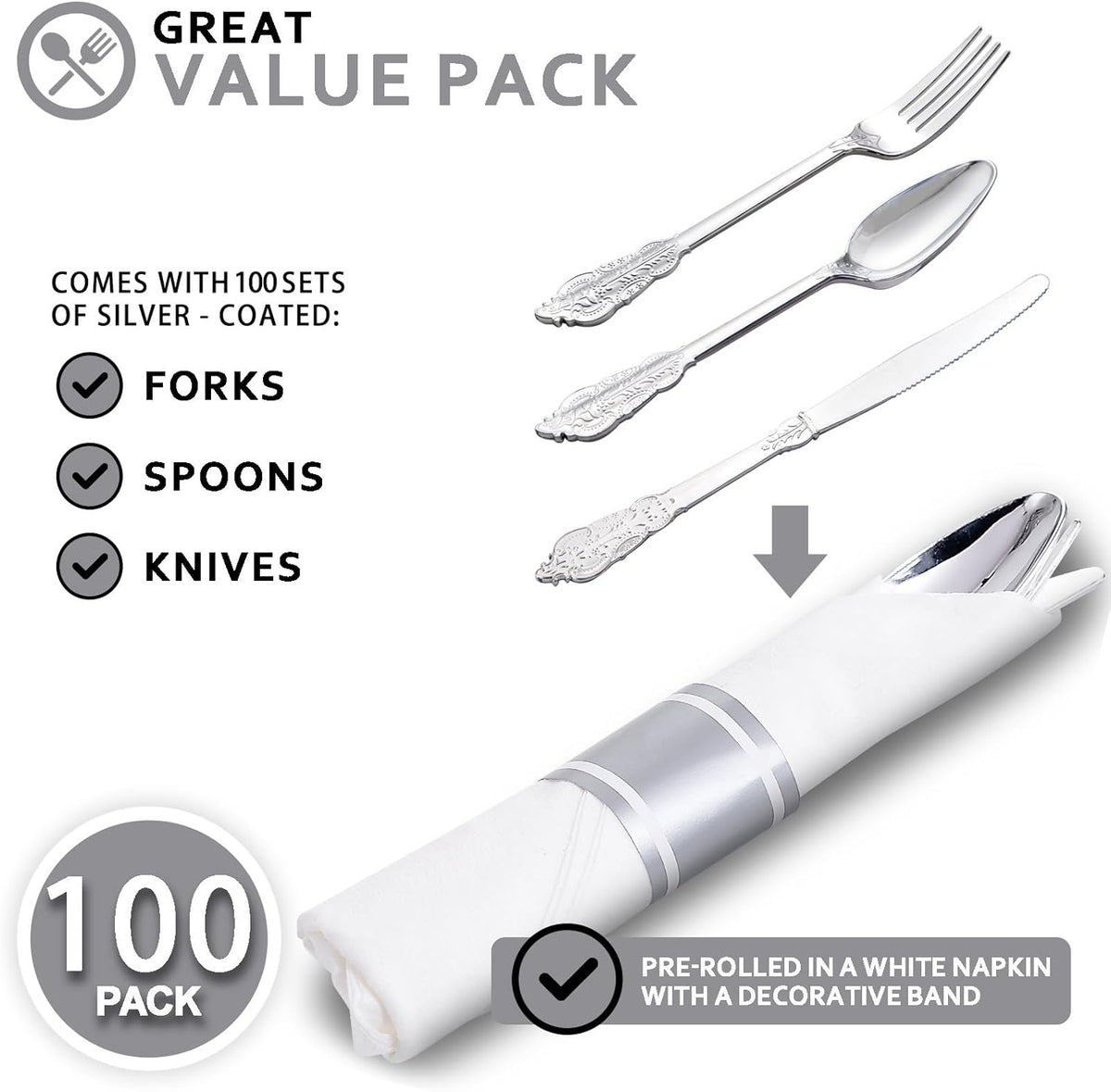 400PCS Pre Rolled Silver Plastic Silverware Sets - Heavy Duty Fancy Silver Cutlery - Include 100