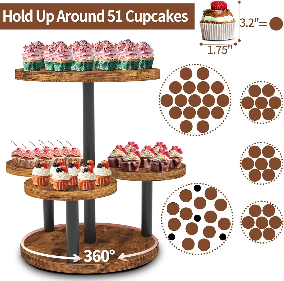 Cupcake Stand, 2 Pack Rotatable Cupcake Stand for 50 Cupcakes, Wood Cake Stand Cupcake Tower