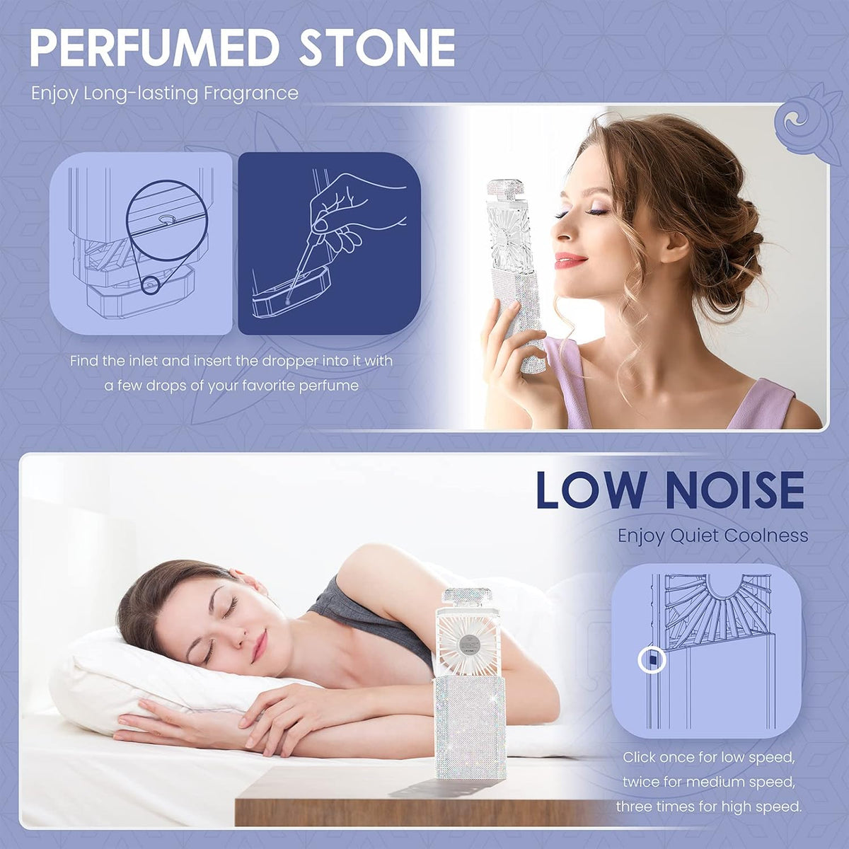 Lady Rechargeable Personal Fan with 3 Speeds, Quiet Portable Mini Cooling Desk Electric Fan - White