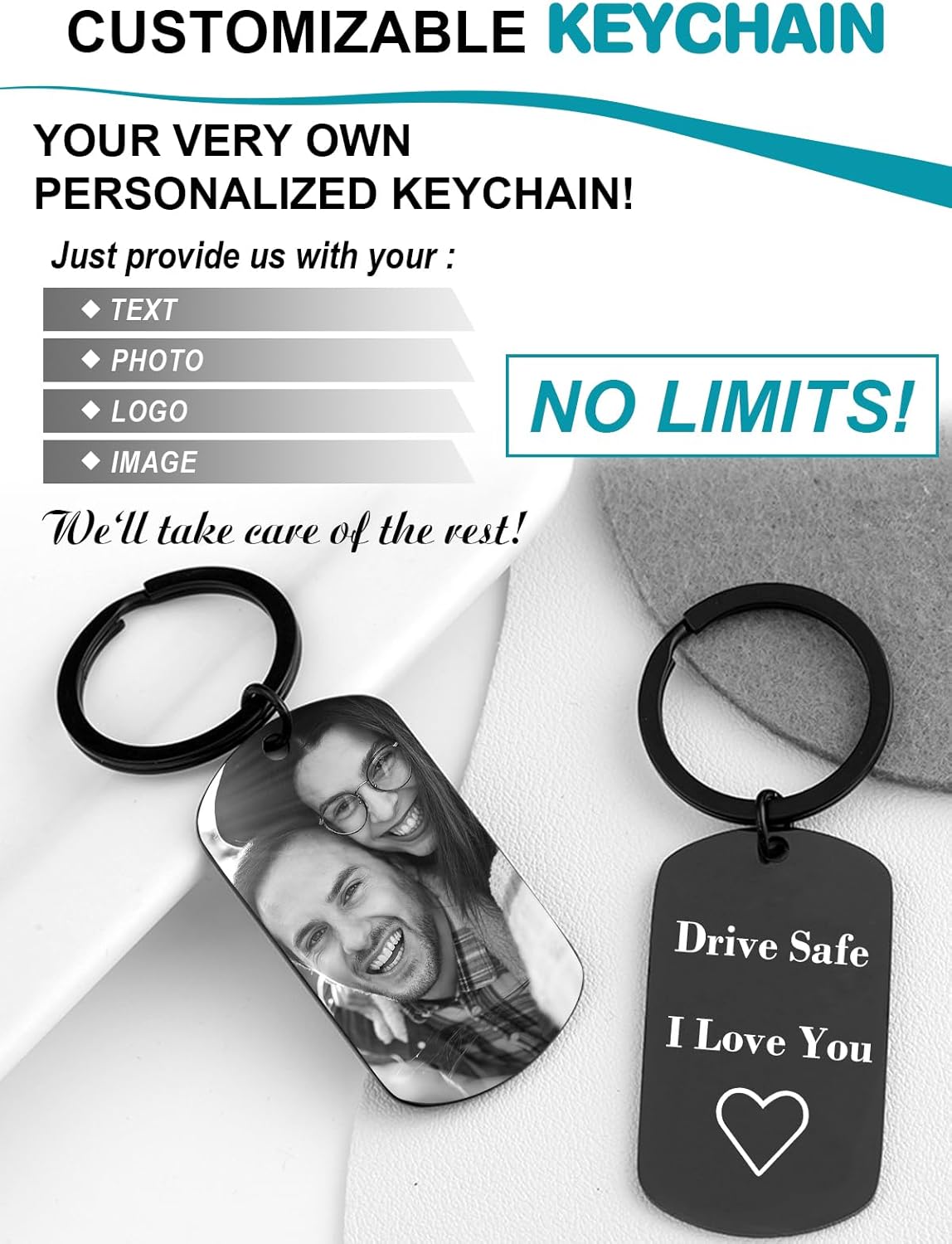 Custom Keychain with Picture - Personalized Photo LOGO Text Customized Key Chain for Boyfriend Dad