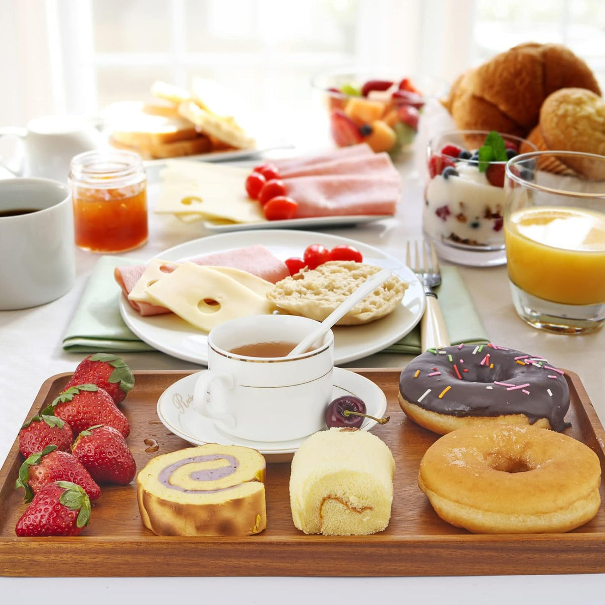 2 PCS Solid Acacia Wood Serving Trays 16 * 12 inch Rectangular Wooden Serving Platters Natural