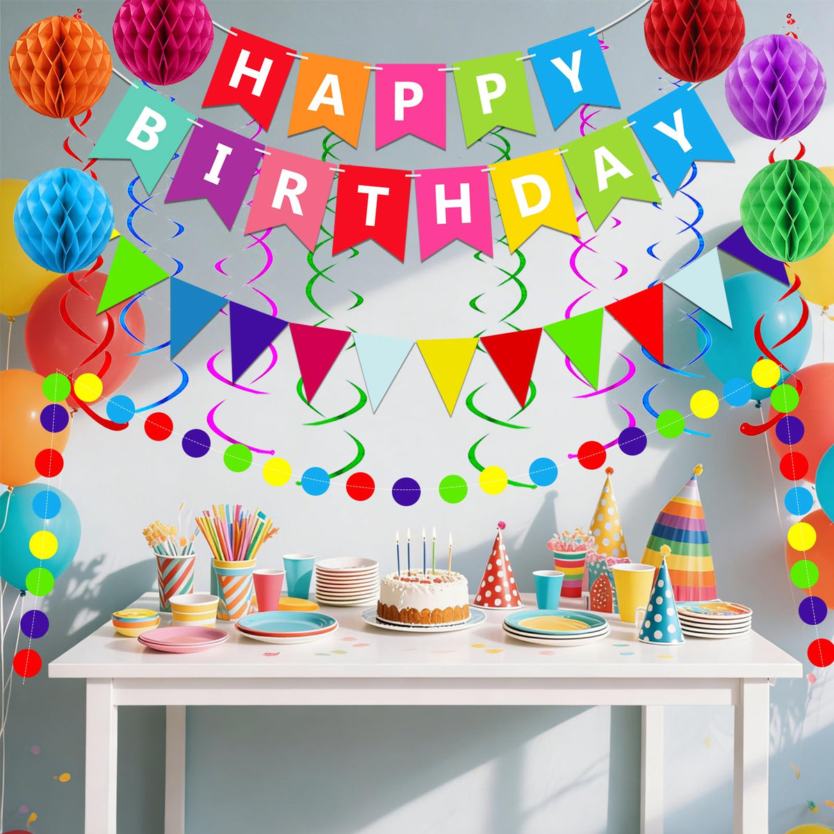Fecedy Happy Birthday Banner With Colorful Paper Flag Bunting Paper Circle Confetti Garland Swirl