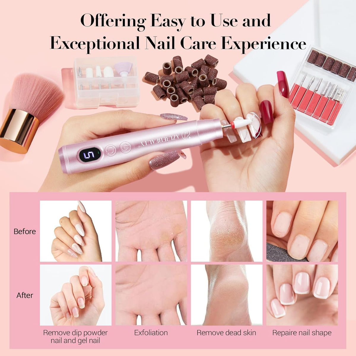 AZUREBEAUTY Dip Powder Nail Kit with Electric Nail Drill, 24 Colors Nude Pink Glitter Nail Powder