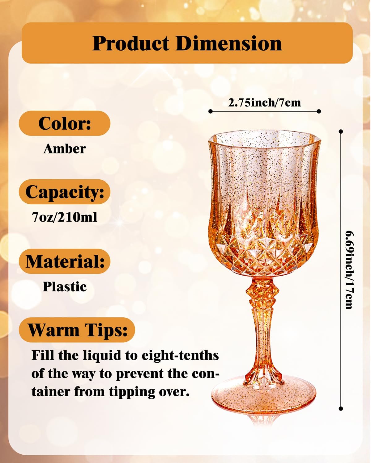 Ciaell 24PCS Rose Gold with Glitter Plastic Wine Glasses - 7 Oz Vintage Drinking Glasses with Rose