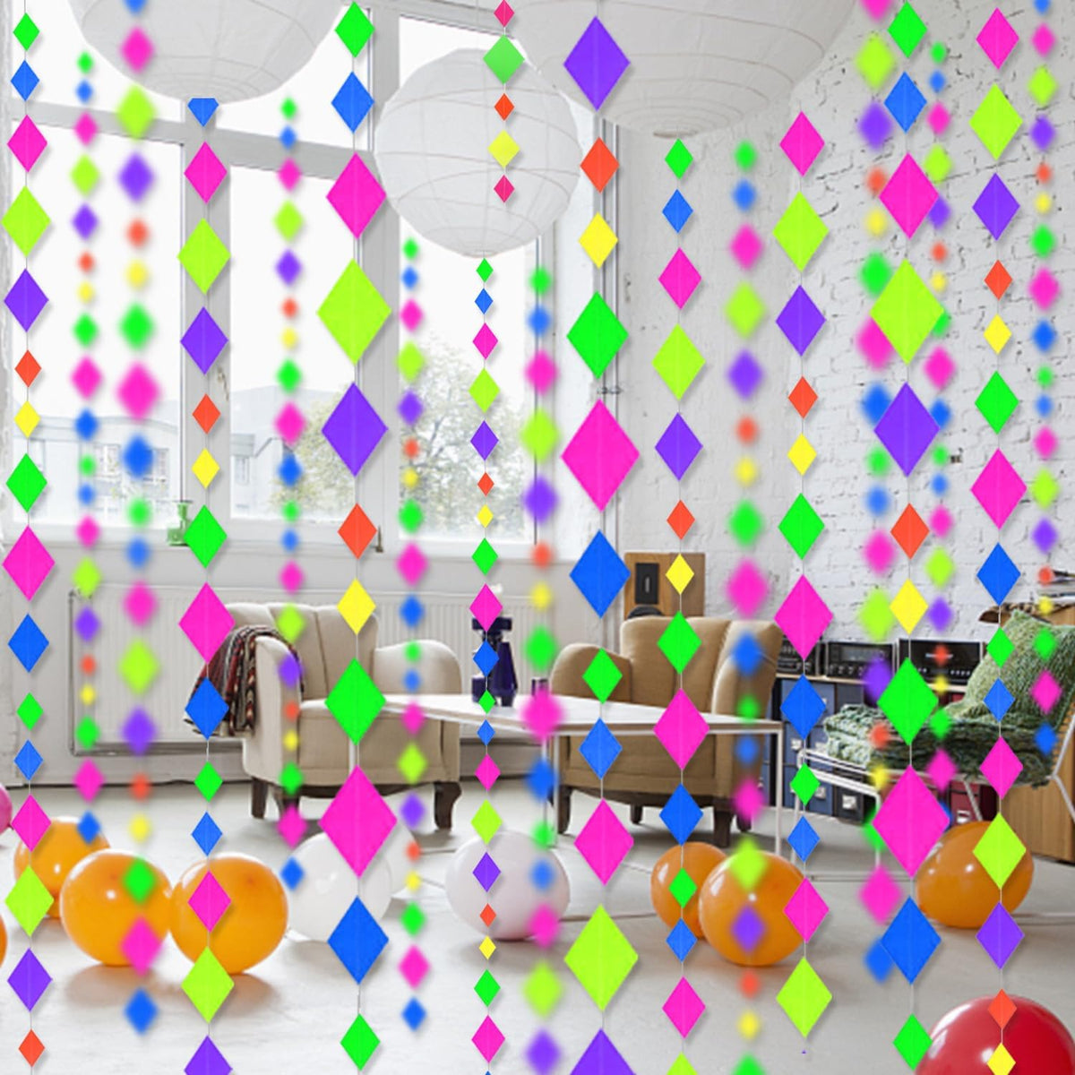123feet UV Paper Neon Streamers & Garlands - Diamond Shape Black Light Decorations, Glow Party