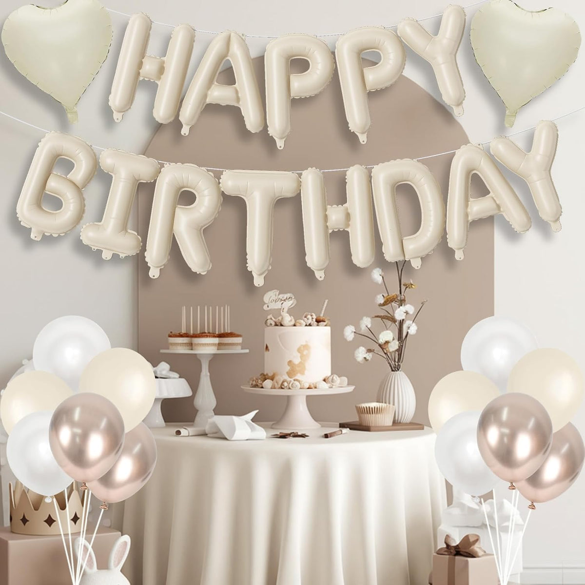 Happy Birthday Balloon Banner Cream, 16 Inch Beige Mylar Letters Heart Foil Balloons Pearl White